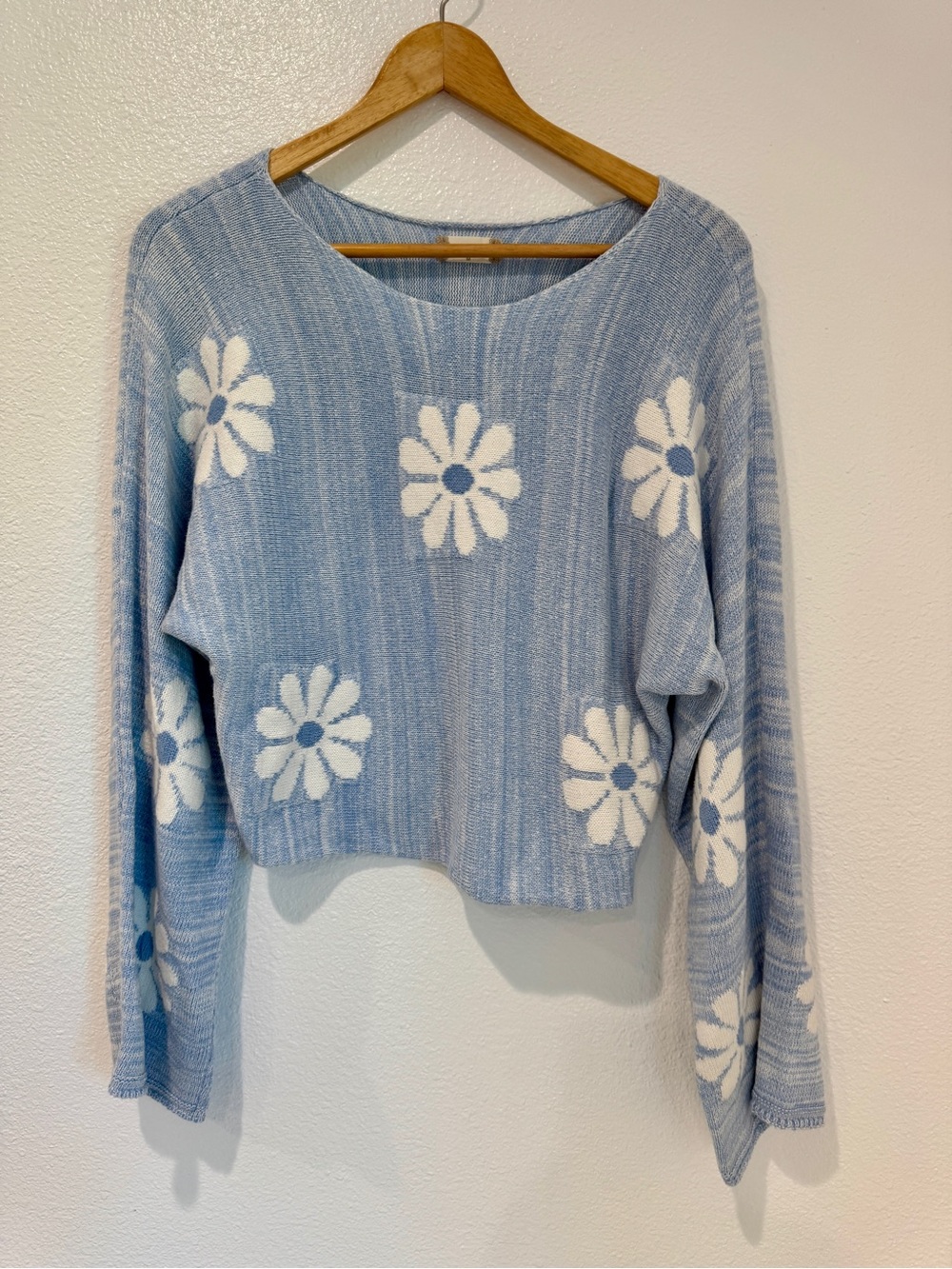 Altar'd State Daisy Floral Cropped Knit Sweater Light Blue White Y2K Boho M